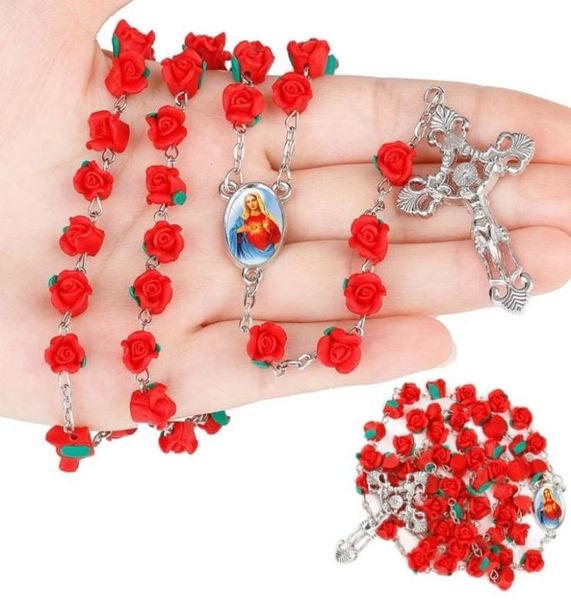 

five decade our lady 8mm polymer clay rose beads rosary catholic necklace with holy soil medal crucifix religious cross necklace6618471, Silver