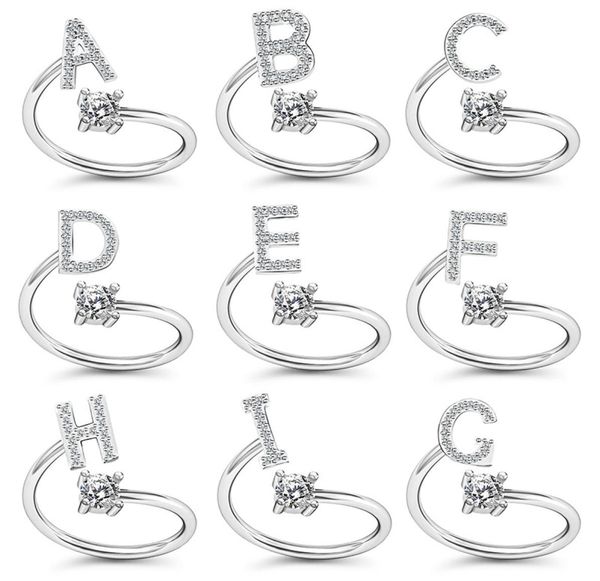 

fashion 26 letters open ring for women crystal rhinestone initial az letter open finger rings female engagement ring party jewelr9344445, Silver