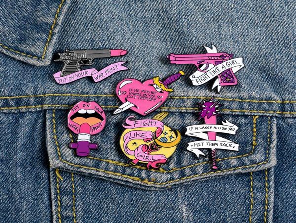 

feminism pins pink lipstick enamel pins fight like a girl brooches badges denim clothes bag pins gifts for friends9114360, Gray