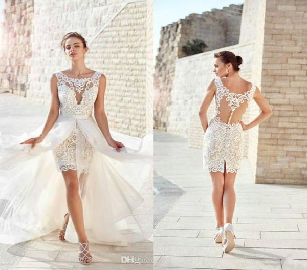 

chic beach wedding dresses with detachable train jewel neck sheer back lace appliqued short bridal gowns custom made abiti da spos1141072, White