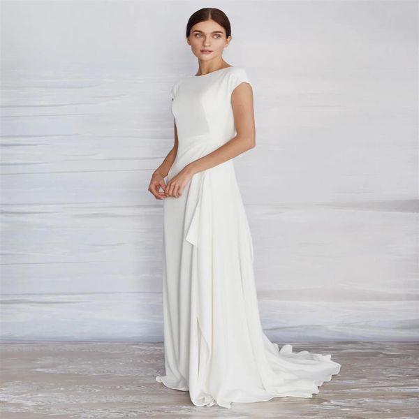 

simple a-line crepe wedding dress modest with cap sleeves high neck sweep train women informal boho beach bridal gowns bride robe 287a, White