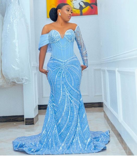 

2023 aso ebi mermaid sky blue prom dress sequined lace evening formal party second reception birthday engagement gowns dresses robe de soire, Black