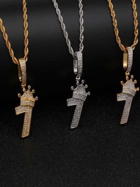 

shiny crown number 7 pendant necklace charm with rope chain iced out cubic zircon hiphop jewelry5650210, Silver