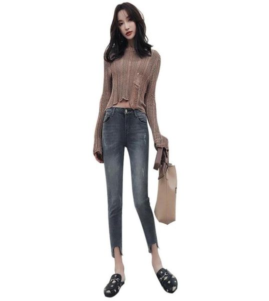 

highwaisted women jeans personality cut broken show skinny buttock small foot pants womens clothing factory direct 276u5428407, Blue