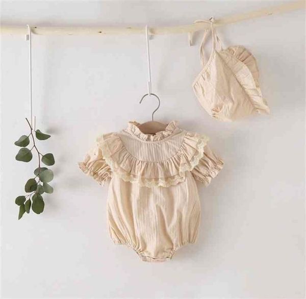 

8159 baby clothes born girl romper with hat summer stand collar ruffles toddler outfit 2106218325299, Blue