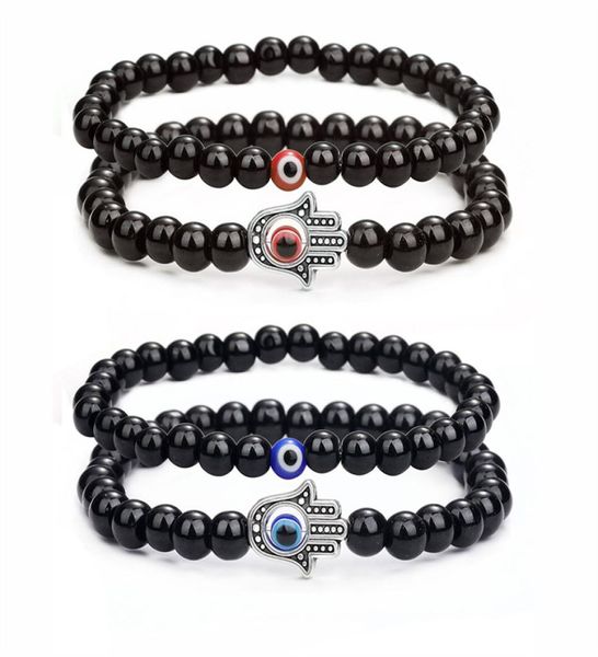

2pcs handmade elastic 6mm black agate kabbalah strands bracelet natural stone 8mm 10mm evil blue eye hamsa fatima hand charm coupl6038456