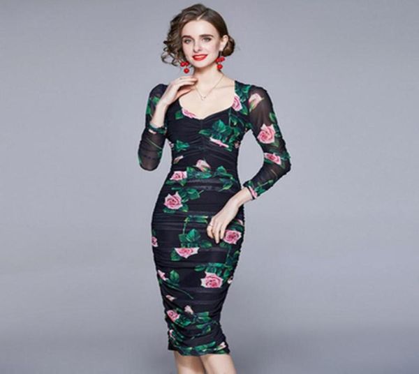 

summer luxuriy women mesh printing dress rose flower print slim knee length bag hip party elegant casual dresses4945869, Black;gray