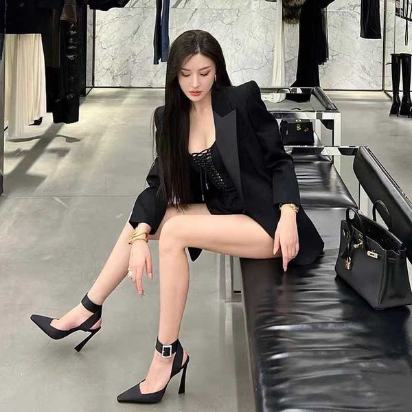 

sandals rhinestone satin high heels for women in the summer new style with a flat toe buckle and celebrity black slim 230626