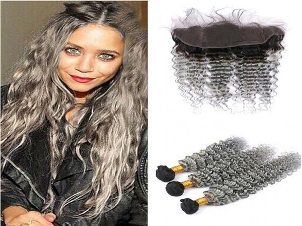 

8a malaysian deep wave grey human hair 3 bundles with lace frontal 2 tone 1b gray curly ombre virgin hair weaves dhl 4817480, Black;brown