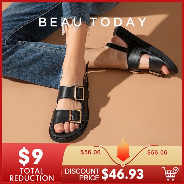 

sandals beautoday sandals women genuine cow leather metal detailed ankle buckle strap summer beach ladies low heel shoes handmade 38128 2307, Black