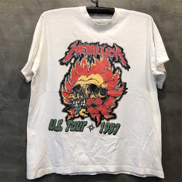 

casual t-shirt metallica rock band flame skull vintage retro street chic hip hop men's short sleeve t-shirt trend, White;black