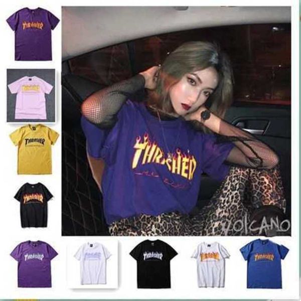 

street trend brand purple ice blue flame letter pure cotton ice blue couple short sleeved t-shirt for men and women with half sleeves, White;black