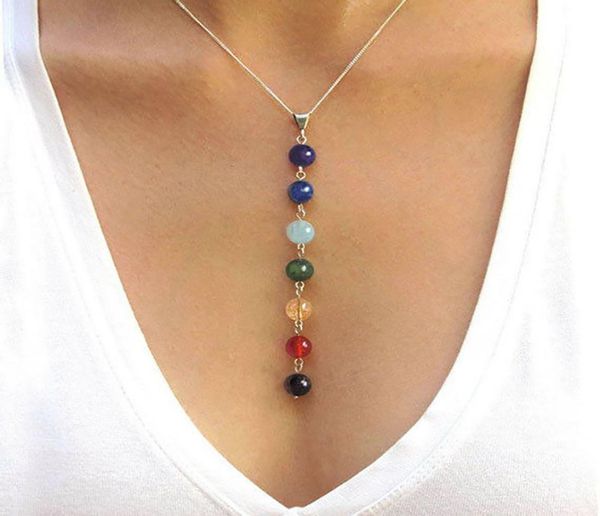 

7 chakra gem stone beads pendant necklace women yoga reiki healing balancing maxi necklaces charms bijoux femme jewelry2886320, Silver
