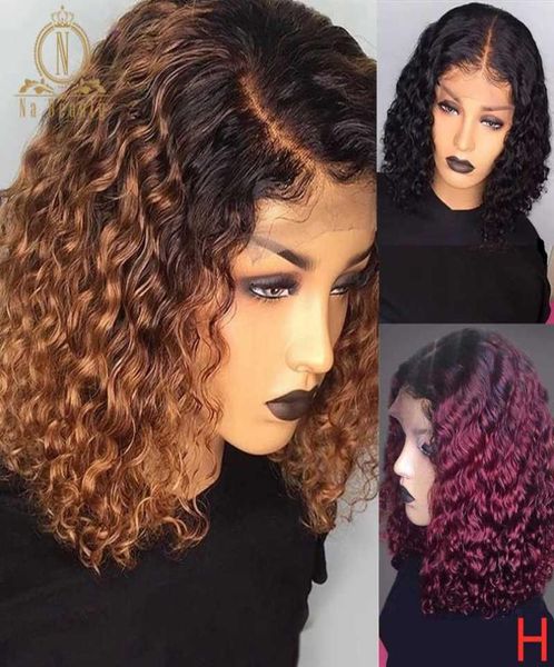 

ombre colored curly bob wig short human hair wigs for black women blonde burgundy 13x6 lace front human hair wig nabeauty 1802933036, Black;brown