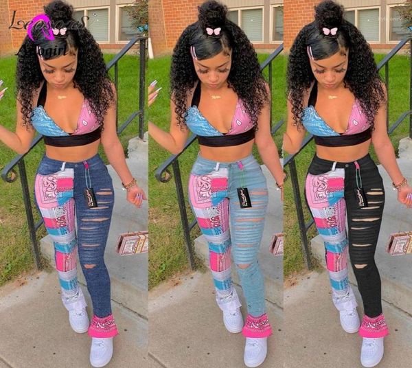 

bandana print women jeans distressed skinny denim pants flare slim bottoms fitness autumn winter streetwear outfits trousers women9086131, Blue