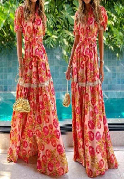 

bohemian summer dress women casual sashes short sleeve woman puff aline floral print maxi dresses for 20211540477, Black;gray