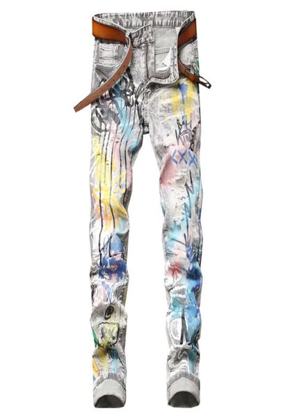 

small straight barrel splash ink colorful printing men039s jeans slim micro stretch trendy denim for male pants pantalons pour 9917732, Blue