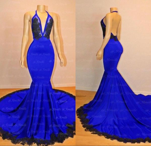 

royal blue mermaid long prom dresses 2023 halter deep v neck backless lace appliques sweep train formal evening dresses red carpet5085996, Black