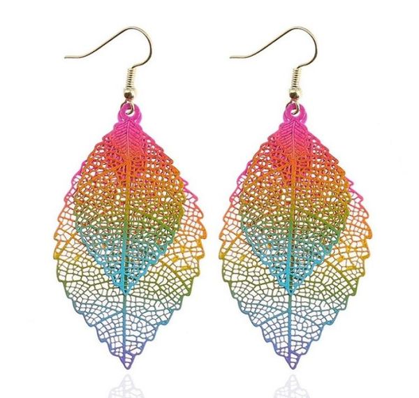 

fashion luxury boho double color leaf dangle earrings big pink rainbow leaves long tassels drop earring for women jewelry2228850, Silver
