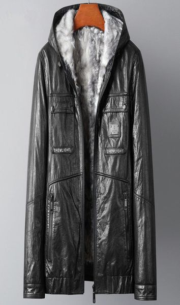 

winter genuine leather jacket mens real lambswool fur warm jackets hooded biker coat zipper thickening outerwear overcoat plus siz9277025, Black