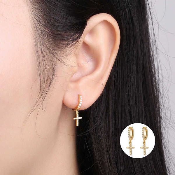 

huggie hoop clip on cross dangle earringdrop drop earring cute classic cross earrings for women men 14k real gold hip hop cz cubic zirconia, Silver