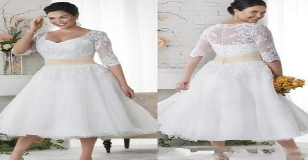 

2018 new tea length wedding dresses short half sleeves plus size wedding gowns white lace covered button beach dress2788075