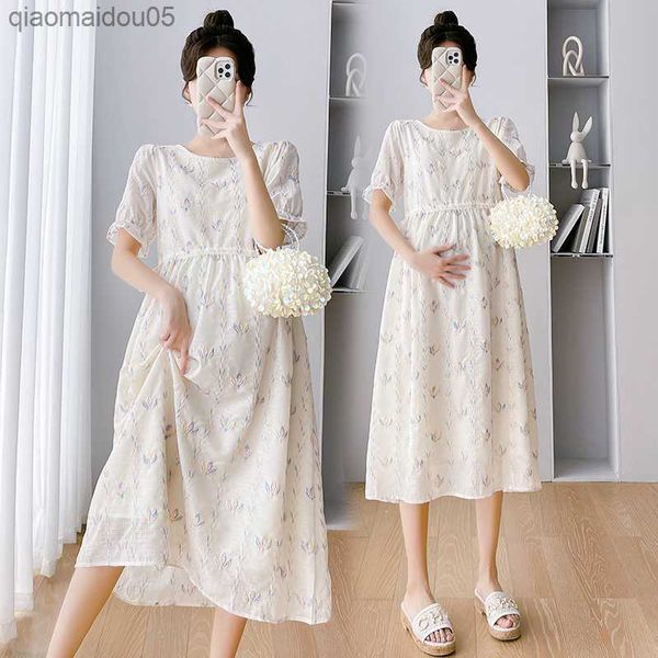 

5555# summer new fashion embroidery maternity dress sweet elegant a line slim clothes for pregnant women pregnancy l230712, White