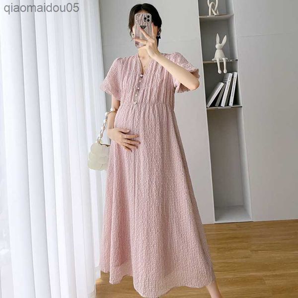 

maternity dresses french retro temperament v-neck short-sleeved pink summer new versatile 2022 casual pregnancy p shoot l230712, White