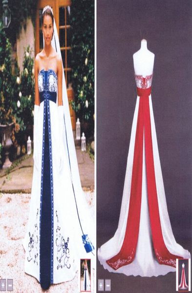 

embroidery beading bridal ball gown strapless white with red wedding dress plus size royal blue satin aline wedding gown5790575