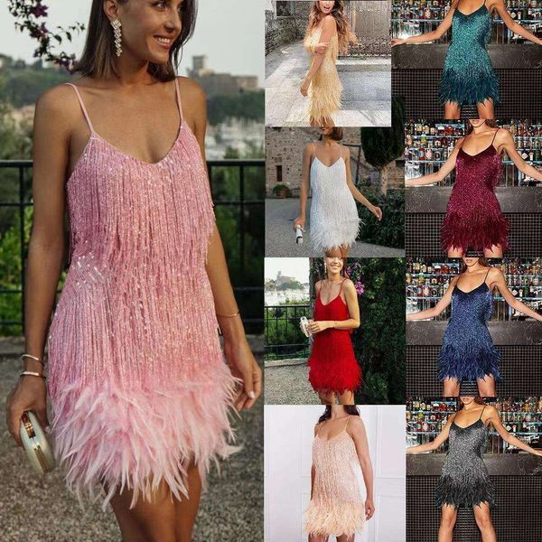 

fashion tassel sequins feather stitching gown dress, Black;gray