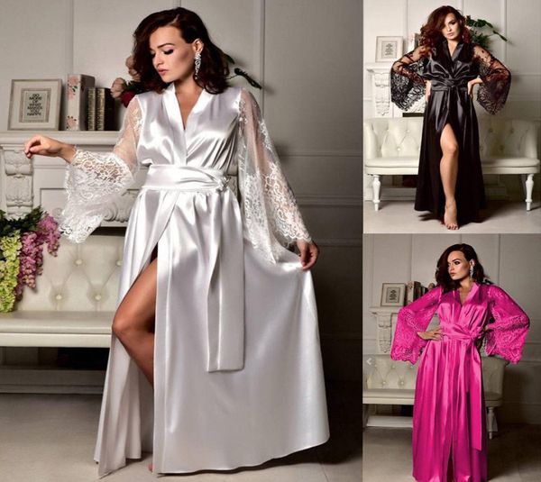 

silk robes for women lace satin long dressing night robes sleepwear lingerie female kimono belt night dress nightgown8882247, Black;red