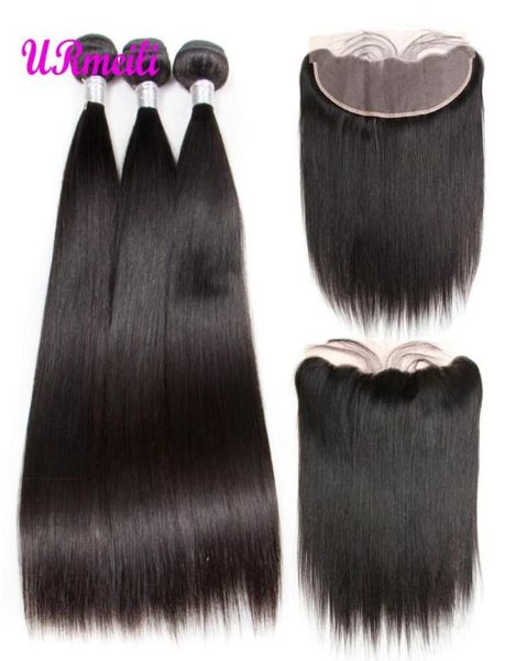 

urmeili straight bundles with frontal 10a brazilian virgin hair 3/4 bundles with closures straight human hair bundles with 13x4 ce frontal22, Black;brown
