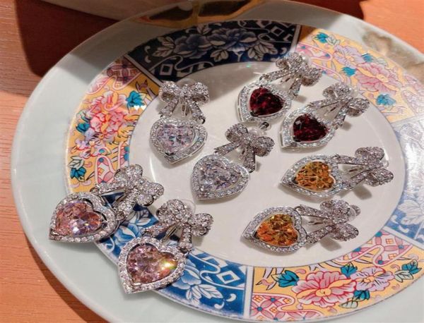 

heart ruby bowknot clipon screw back earrings aaa pink zircon ear studs diamonds pave jewelries266q4938903, Silver