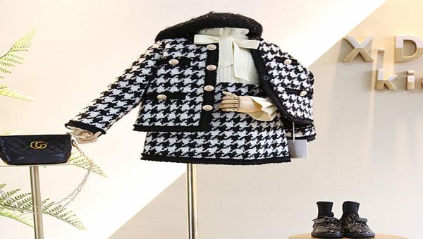 

2020 spring autumn new arrival girls fashion houndstooth 2 pieces suit coatskirt kids tweed sets girls clothes y2008293967061, White