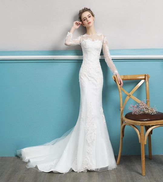 

long sleeves tulle mermaid wedding dresses sweep train 2019 jewel neck lace appliques slim wedding gowns6033225, White
