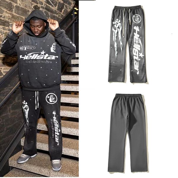 

mens pants hellstar grey oversize retro mud print worn sports casual trousers high street and womens bellbottoms 230712, Black
