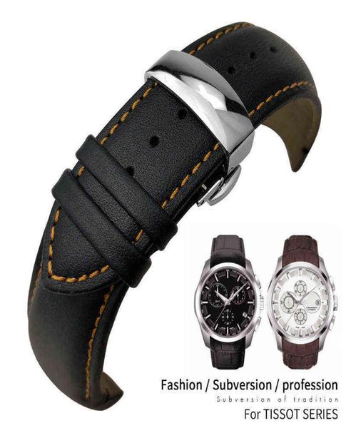 

22mm 23mm 24mm curved end genuine leather band fit for tissot t035617 cowhide strap butterfly clasp bracelets men h2204191073360, Black;brown