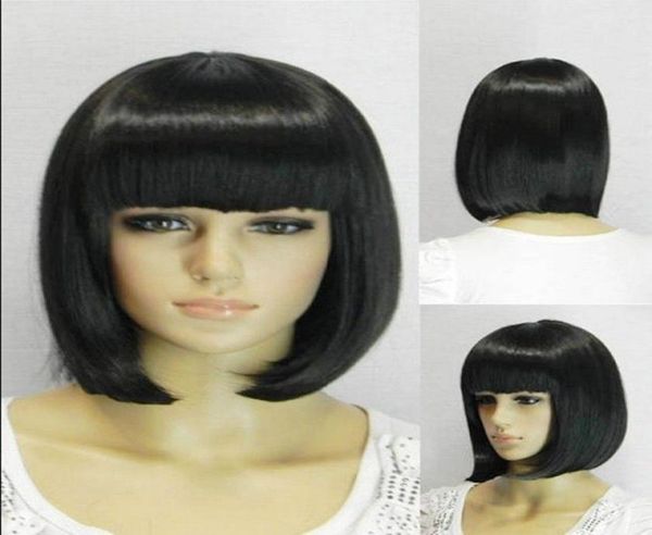 

new beautiful short black straight bob full wigs0123451305926