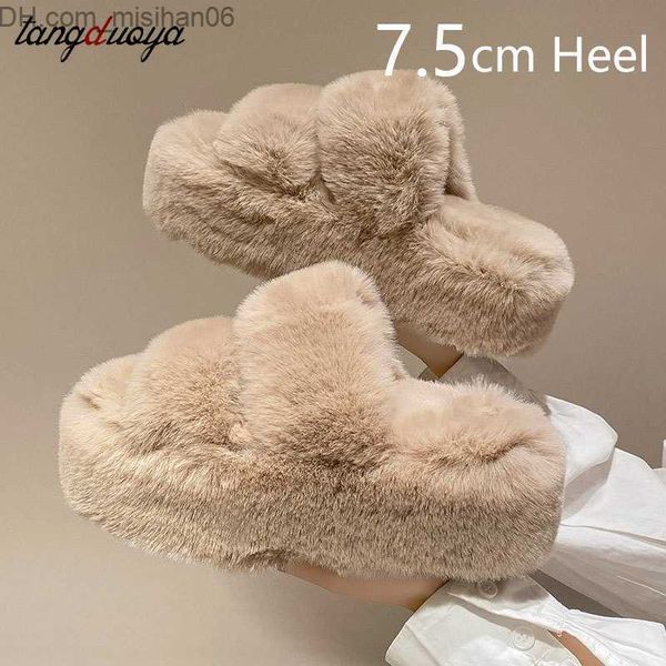

slippers .5cm plush slipper platform autumn new indoor flat plush flip cotton slippers fluffy artificial fur leather shoes women's sli, Black