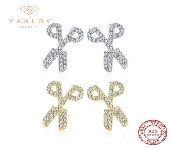 

stud yanlok authentic 925 sterling silver fashion scissors earrings for women men bright clear zircon hypoallergenic jewelry4231722, Golden;silver