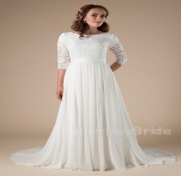 

new lace chiffon long modest wedding dresses with lace sleeves informal reception lds bridal gowns custom made boho bridal gowns8128149, White
