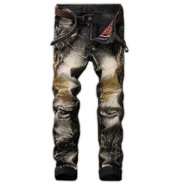 

men039s jeans 2 hole jeans men039s retro men039s pants straight slim wings embroidered skinny jeans with 429448, Blue