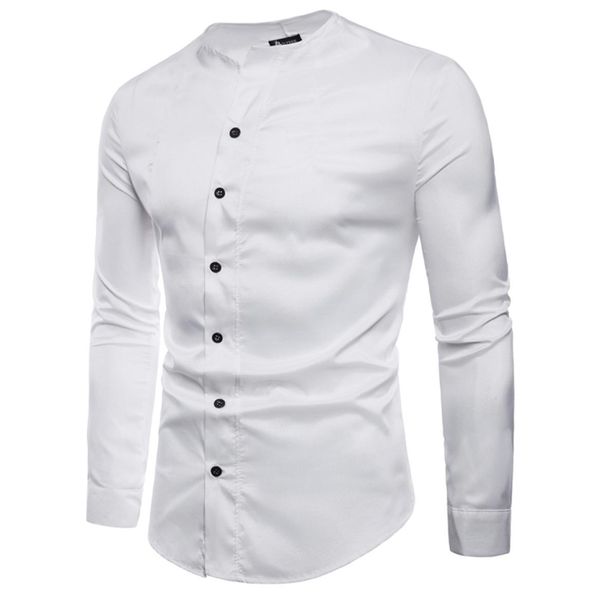 

2018 new mens fashion boutique solid color stand collar casual longsleeved shirts mens slanting door sill slim shirts9925308, White;black