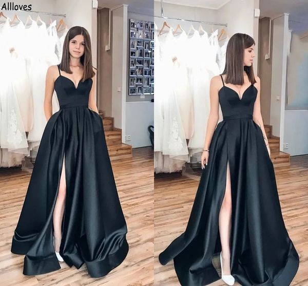 

elegant satin black a line prom dresses spaghetti straps plus size sleeveless women special occasion party gowns high split formal evening d