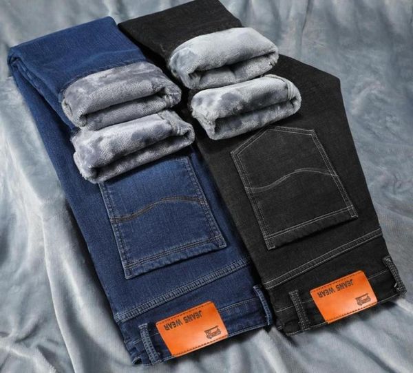 

men039s jeans autumn winter for men feelce thicken straight slim denim pants fashion fitted casual cowby trousers warm male2157379, Blue