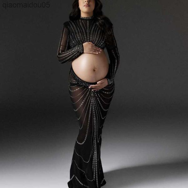 

2pcs maternity pgraphy dress set perspective mesh nail drill dress pregnant woman p shoot clothes daily dress suit l230712, White