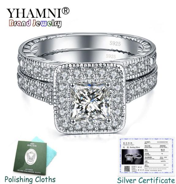 

with certificate yhamni original solid 925 silver ring sets for women cz zircon double stackable ring wedding jewelry zr2933479169, Slivery;golden