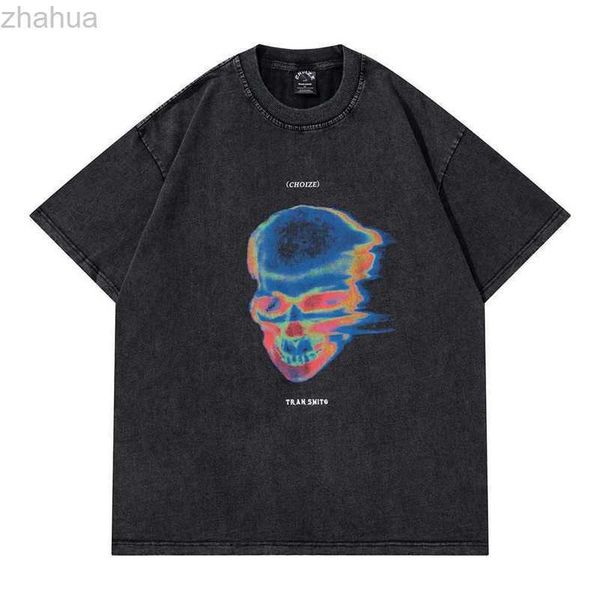 

dark black trendy brand skull printed short sleeved t-shirt for men's bf feng shui washed old loose round neck with 5/4 sleeves, White;black