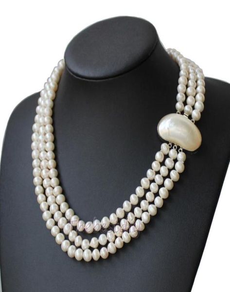 

3 row round freshwater pearl necklace christmas3408701, Silver