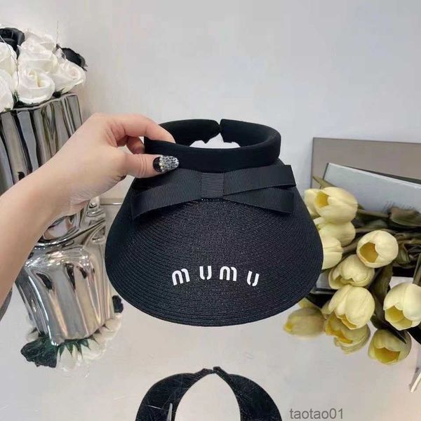 

miu women's empty hat designer beanie cap sun protection uv bowknot large brim straw hatsfrxu, Blue;gray